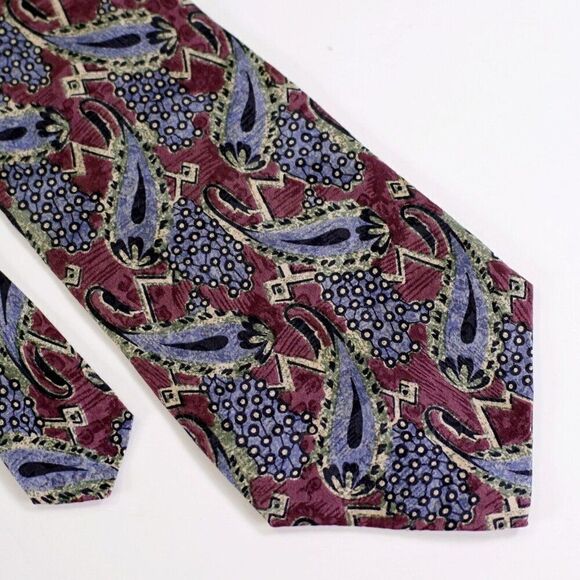 Henry Grethel Purple Blue Paisley Abstract‎ Jacquard Print Wide Italian Silk Tie - Picture 1 of 7